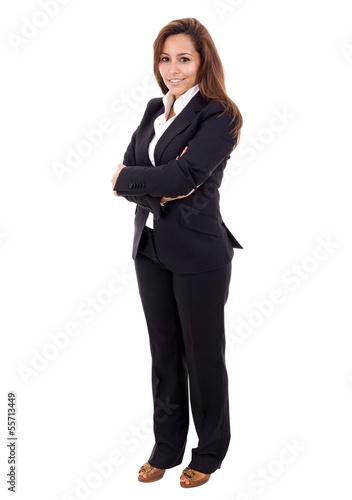 Smiling business woman with arms crossed, isolated over white