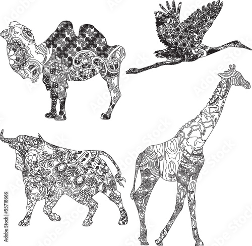 set of animals in the ethnic ornament