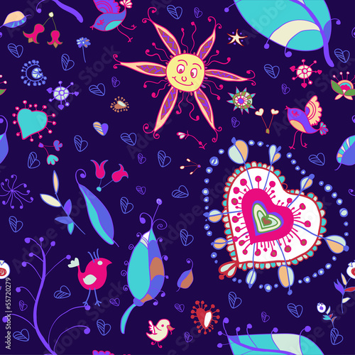 Fototapeta Naklejka Na Ścianę i Meble -  Seamless texture with flowers, birds and butterflies