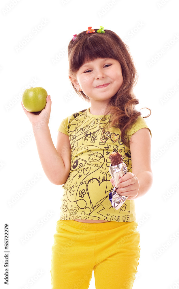 Beautiful little girl with apple on white background Beautiful little girl with apple on white background