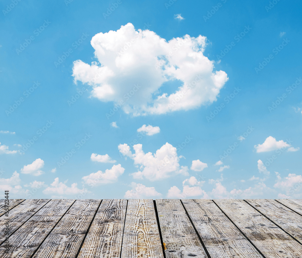 Beautiful blue sky and wooden floor background