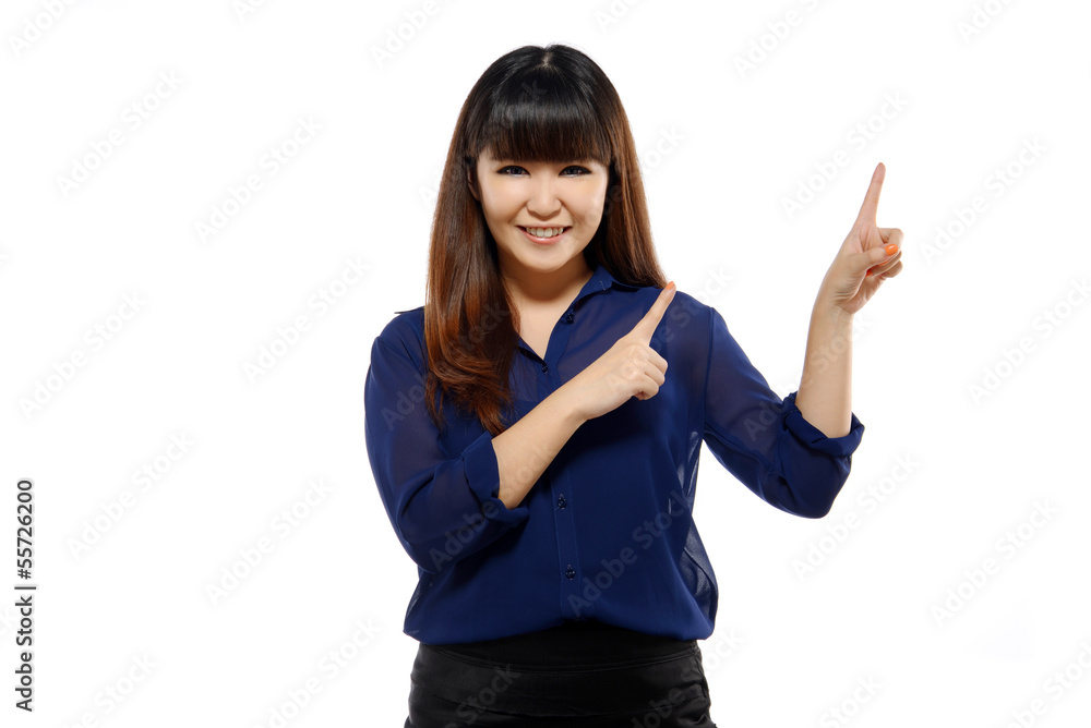 Successful young business asian woman pointing somewhere Successful young business asian woman pointing somewhere