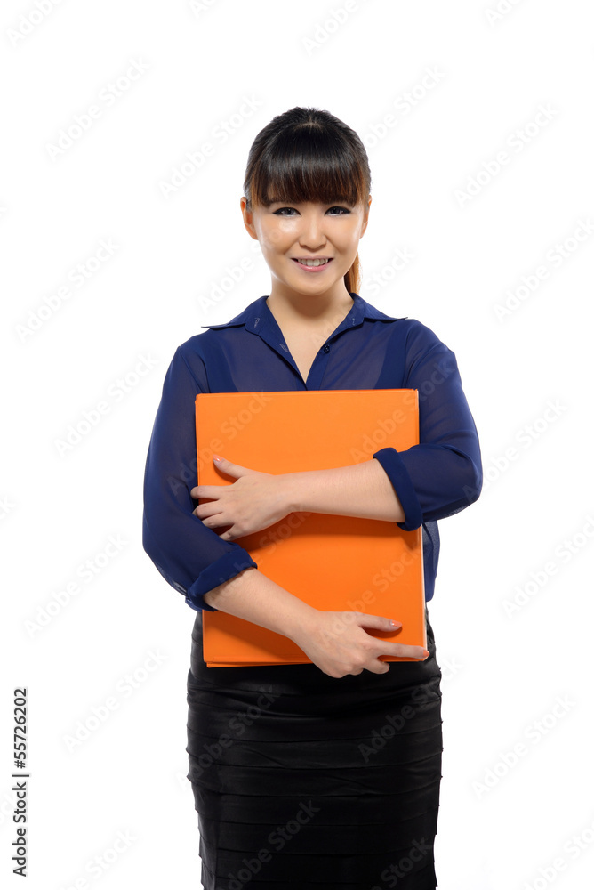Female representative posing with file folder