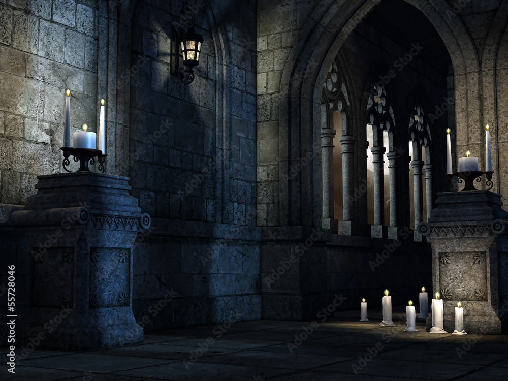 Wnętrze gotyckiego kościoła ze świecami - obrazy, fototapety, plakaty 