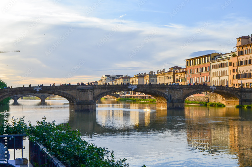 Santa Trinita bridge silhouette at sundown, Florence, Italy