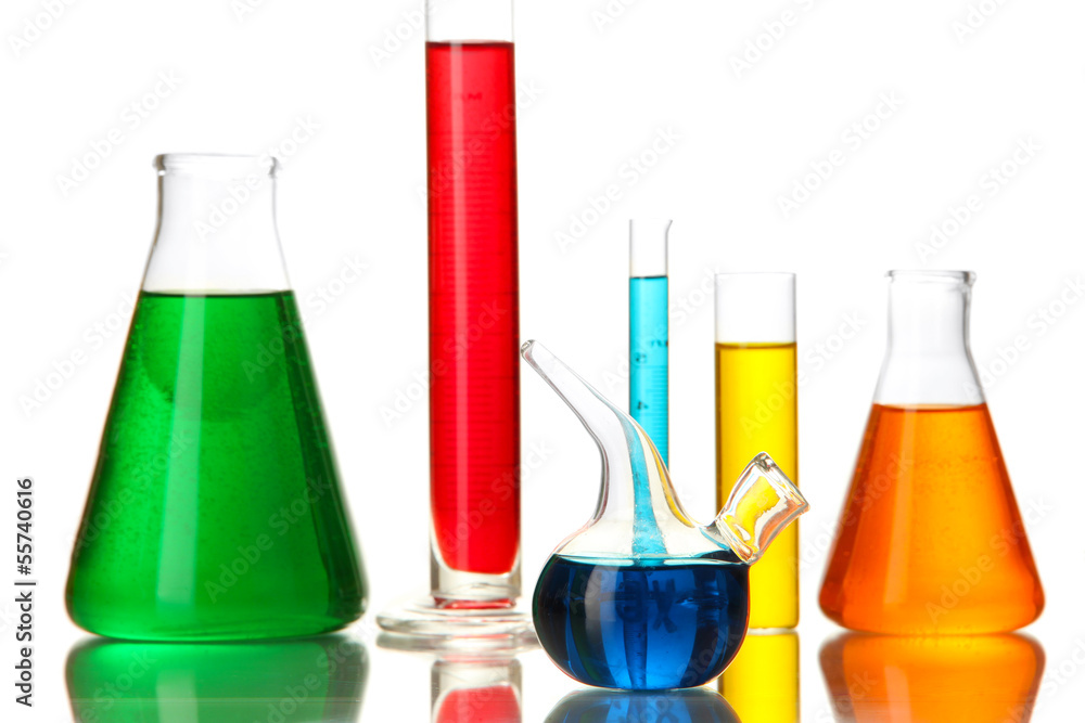 Test tubes with colorful liquids isolated on white Test tubes with colorful liquids isolated on white