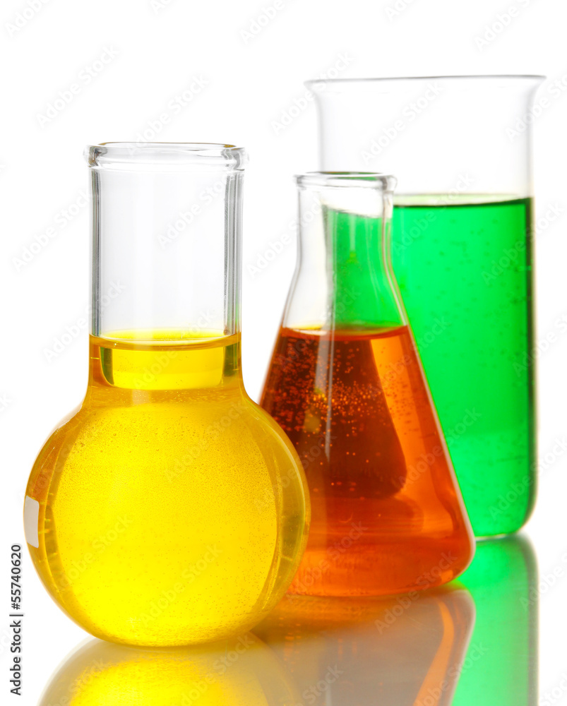 Test tubes with colorful liquids isolated on white Test tubes with colorful liquids isolated on white
