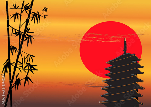 bamboo and pagoda at red sunset