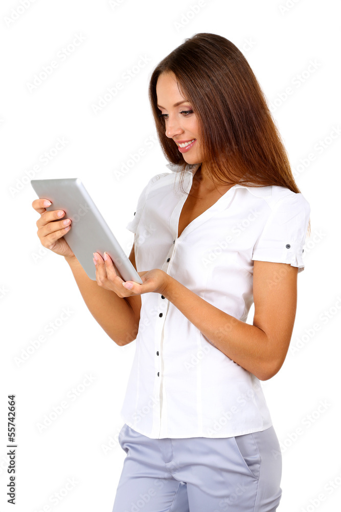 Young beautiful business woman with tablet isolated on white