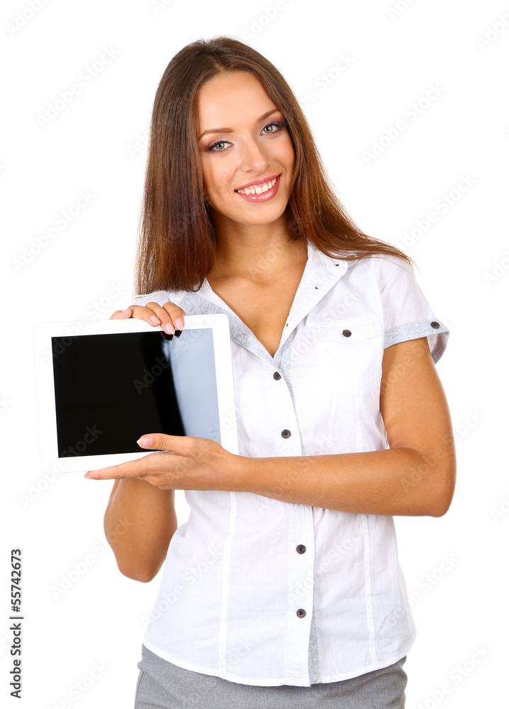 Young beautiful business woman with tablet isolated on white Young beautiful business woman with tablet isolated on white