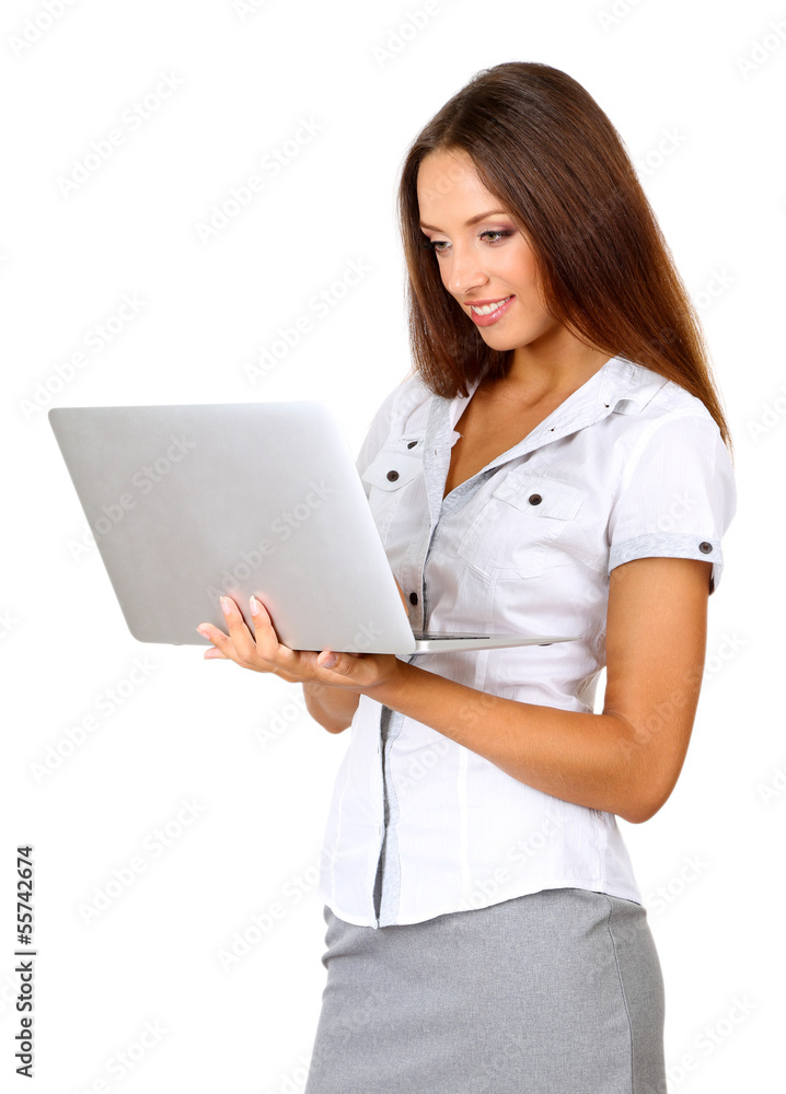 Young beautiful business woman with laptop isolated on white Young beautiful business woman with laptop isolated on white