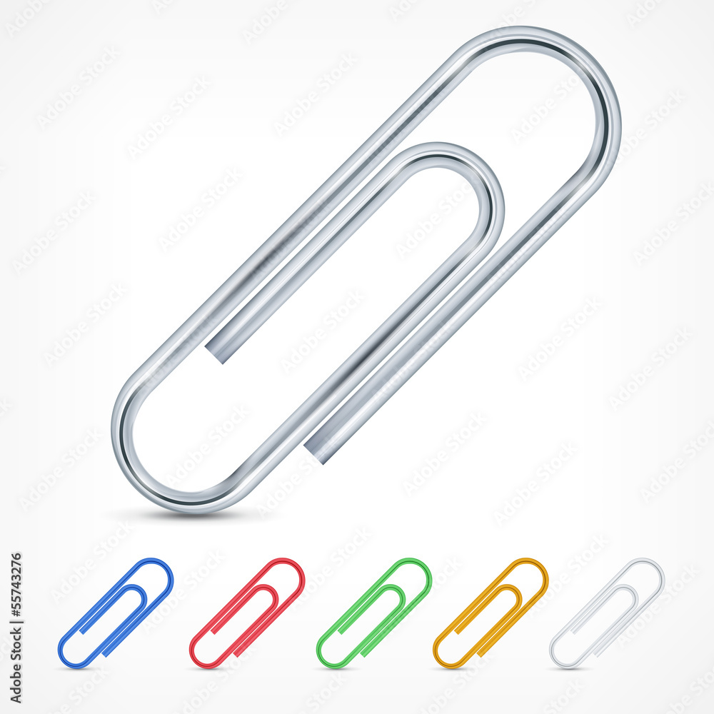 Fototapeta premium Metallic color paperclips isolated on white background, vector