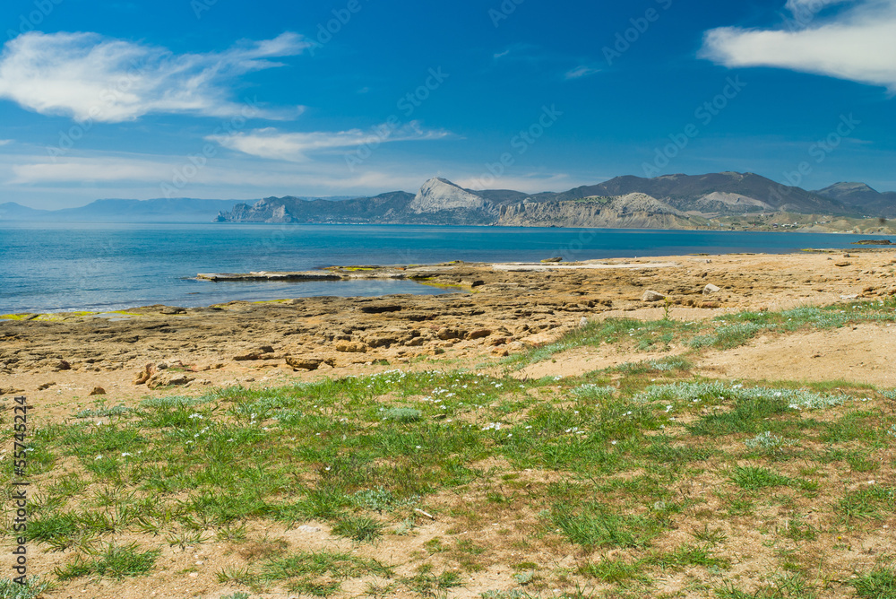 Crimean landscape on Meganom cape in early spring season.