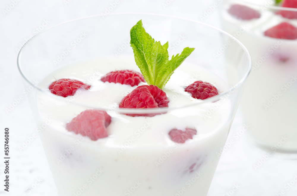 close-up of panna cotta with fresh raspberries horizontal close-up of panna cotta with fresh raspberries horizontal