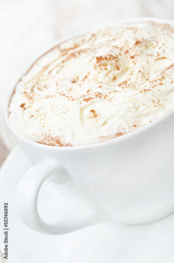cocoa with cinnamon and whipped cream close-up, selective focus cocoa with cinnamon and whipped cream close-up, selective focus