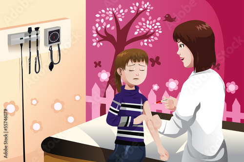 Kid getting a flu shot by a doctor in the arm