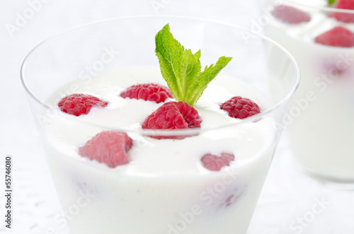 close-up of panna cotta with fresh raspberries horizontal