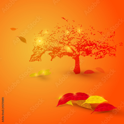 Tree and leaves on orange background  Autumn