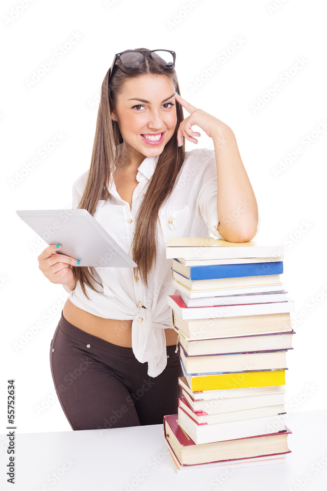 Happy attractive student girl with tablet computer and books