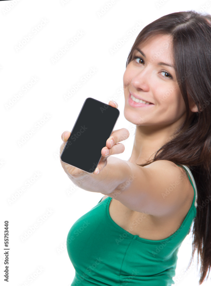 Woman Showing display of her new touch mobile cell phone Woman Showing display of her new touch mobile cell phone
