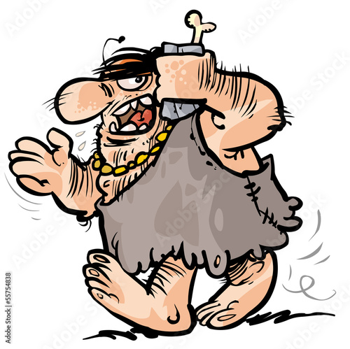 Caveman talking on stone mobile phone.