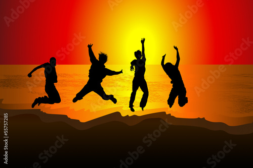 silhouette of friends jumping on beach during sunset time