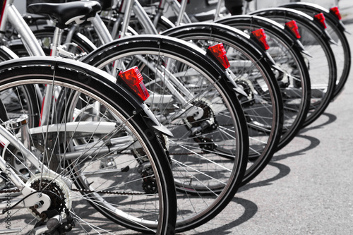Bicycles stand in a row on a parking for rent