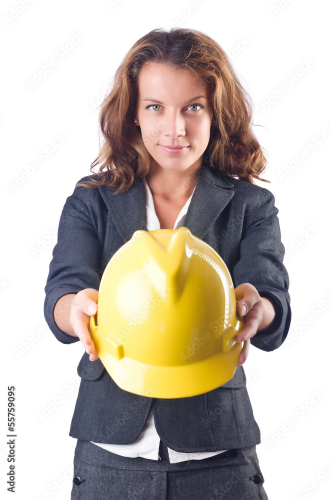 Woman construction worker with hard hat on white Woman construction worker with hard hat on white