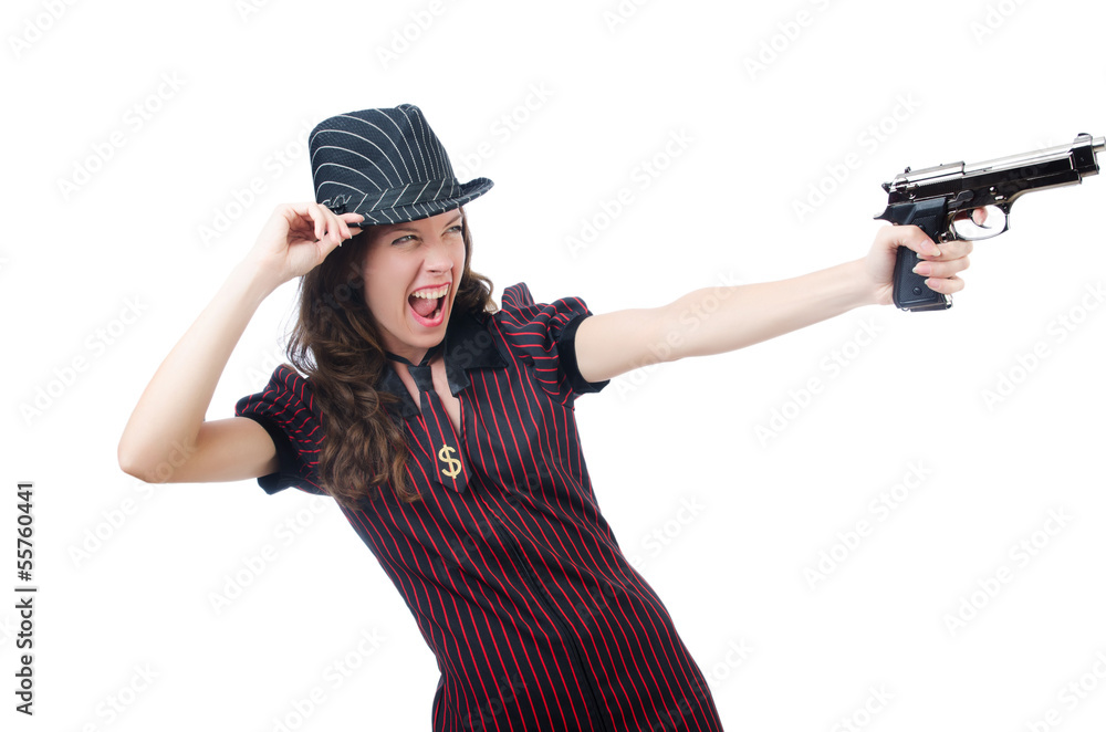 Young woman gangster with gun on white Young woman gangster with gun on white