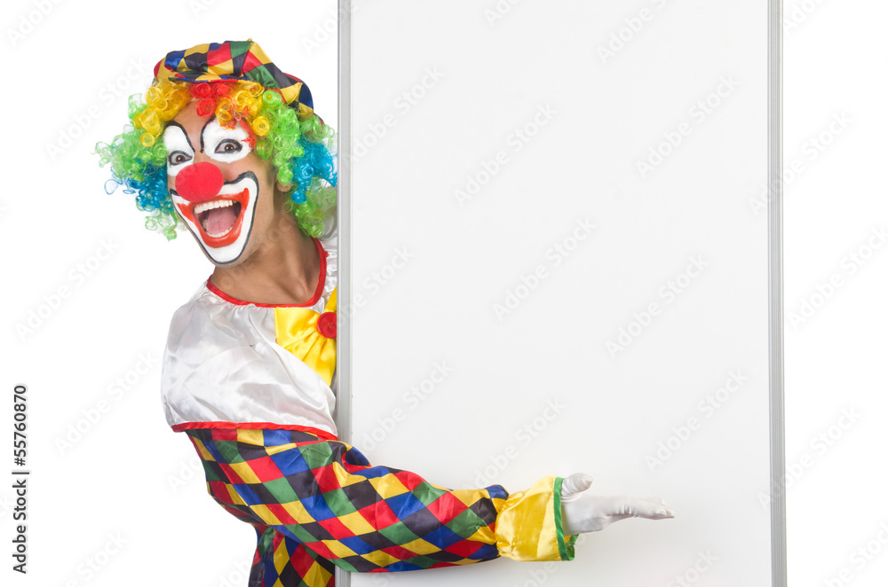 Clown with blank board on white Clown with blank board on white