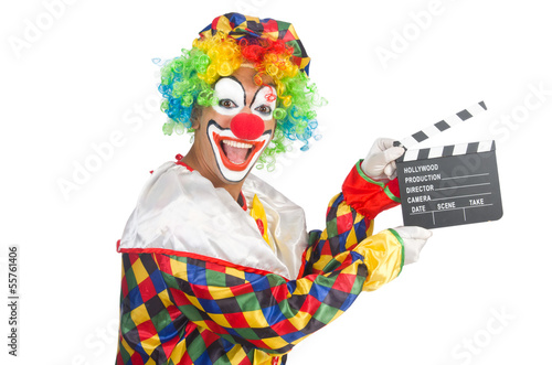 Clown with movie board on white © Elnur