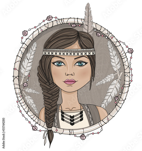 Cute native american girl and feathers frame.