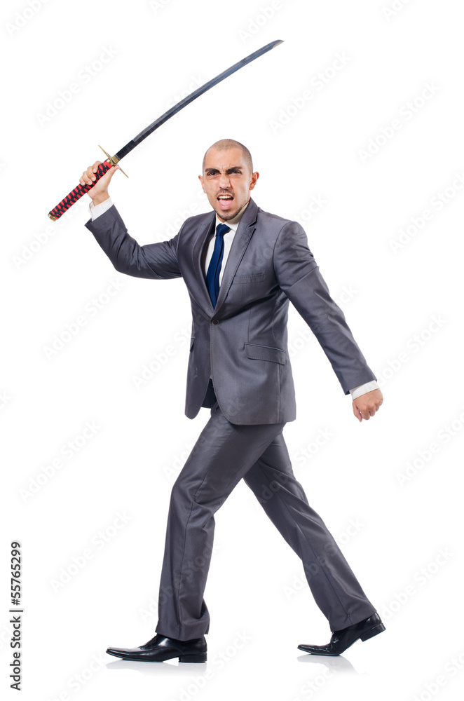 Businessman with sword isolated on white Businessman with sword isolated on white