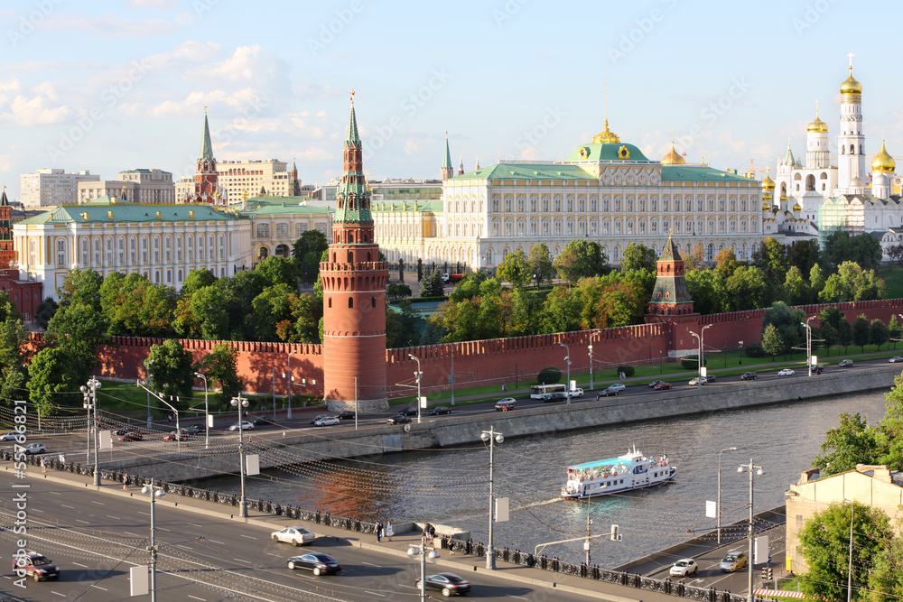 Ship on Moskva river, Vodovzvodnaya Tower of Kremlin Ship on Moskva river, Vodovzvodnaya Tower of Kremlin