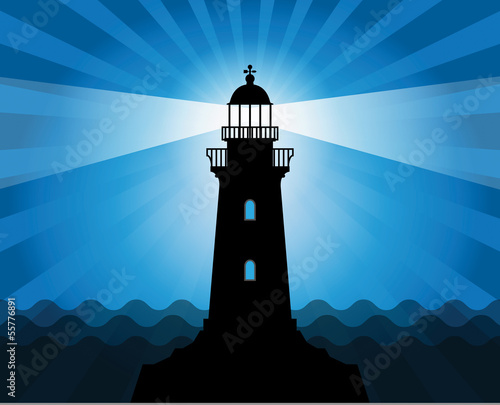 Lighthouse silhouette on abstract sea background, vector