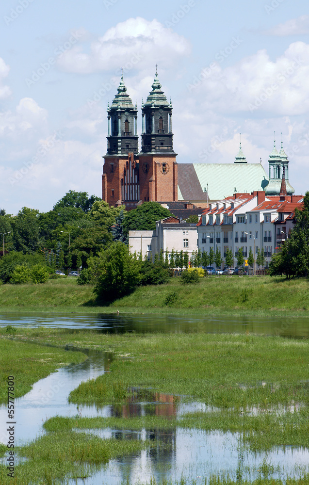 River Warta and Archicathedral Basilica in Poznan, Poland.