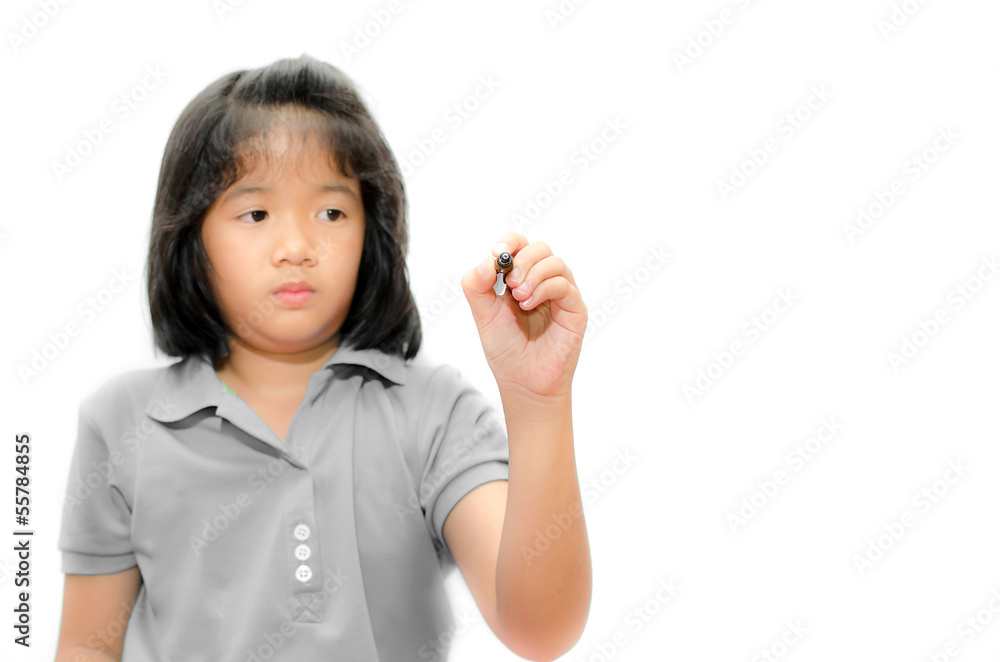 Closeup asian little girl writing on empty screen, Closeup asian little girl writing on empty screen,