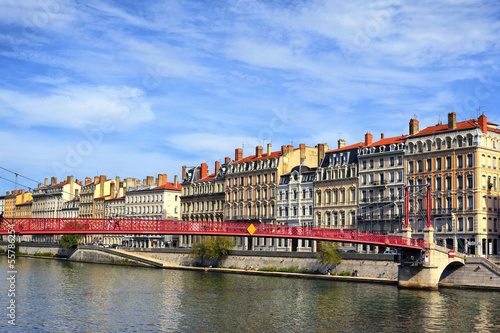 Lyon city and red footbridge