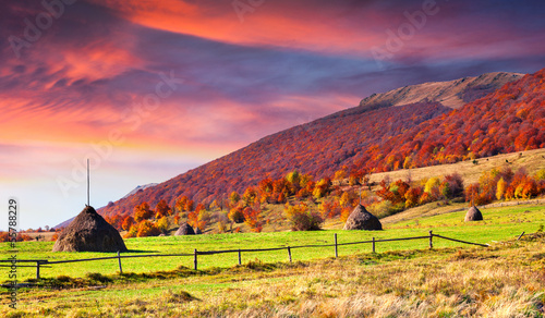 Colorful autumn landscape in the mountain village