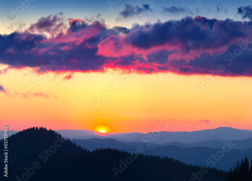 Silhouette of the mountains in the backdrop of the sunset