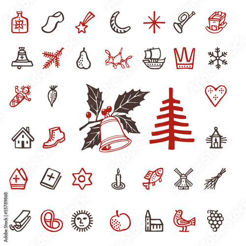 vintage woodcut christmas and winter season holidays icons