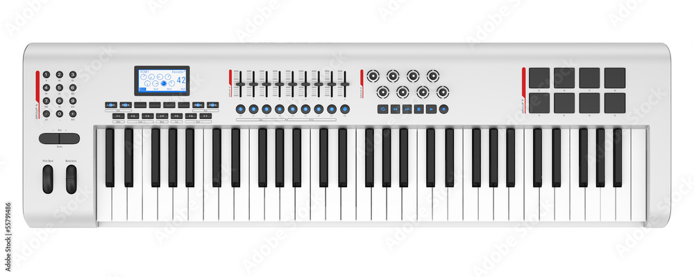 Naklejka premium top view of gray synthesizer isolated on white background
