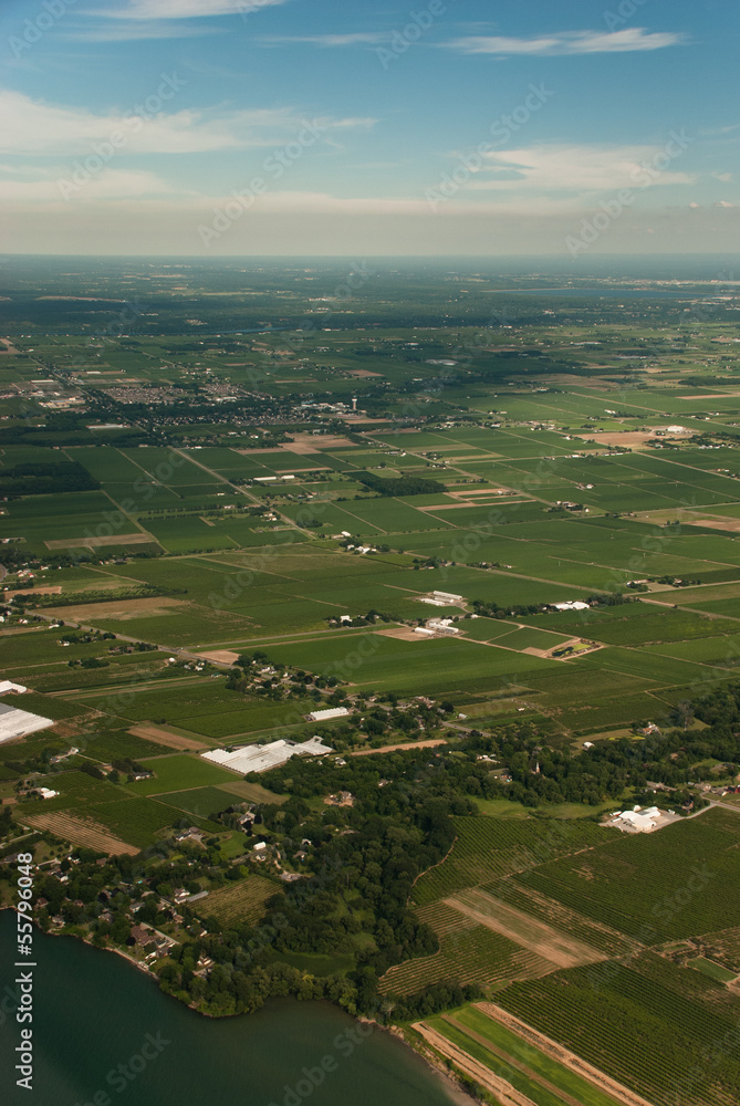 Aerial view of shoreline and agriculture