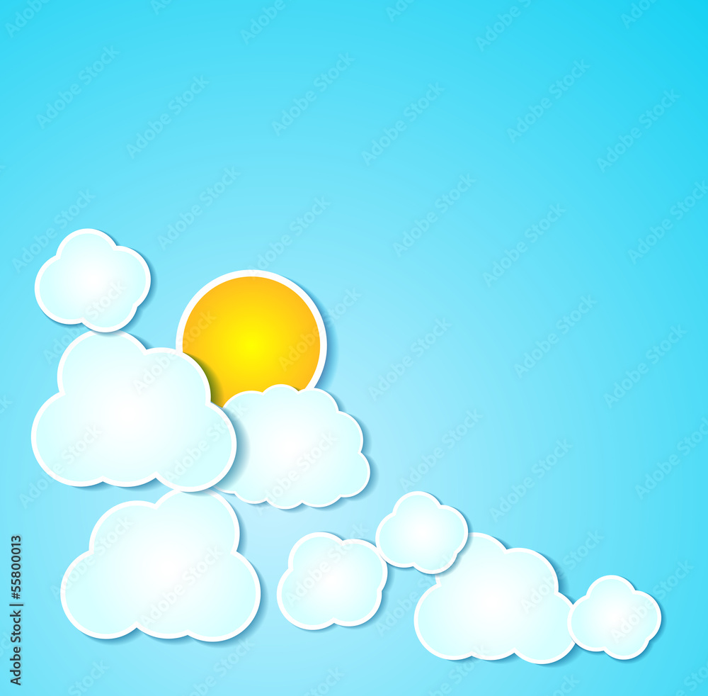 Paper clouds with sun  illustrated background on blue.