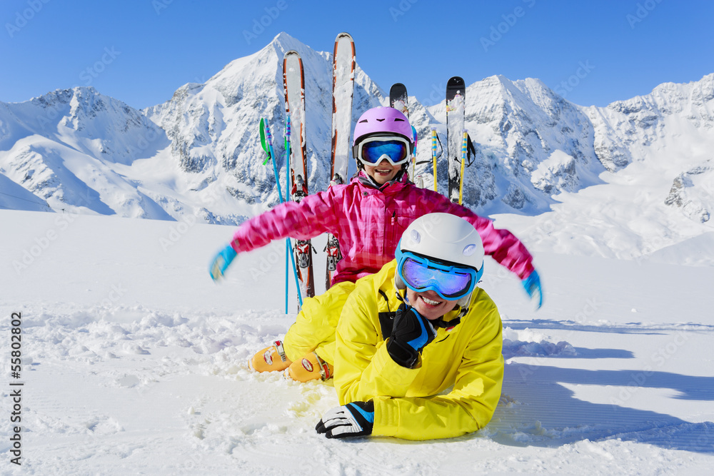 Winter, snow, sun and fun - family on ski vacation