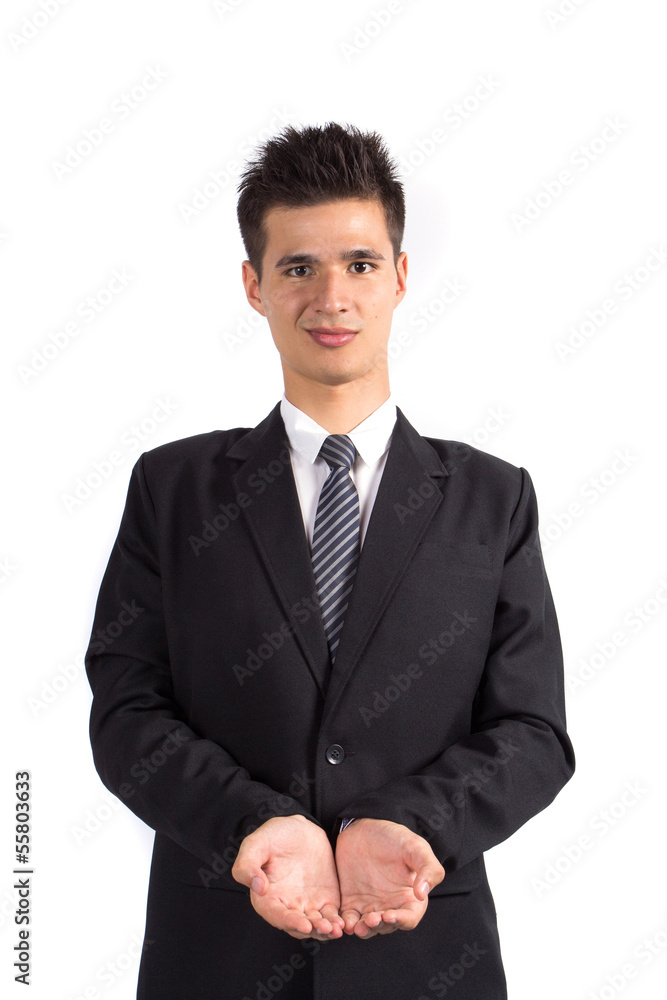 Young business man holding hand presenting a product Young business man holding hand presenting a product