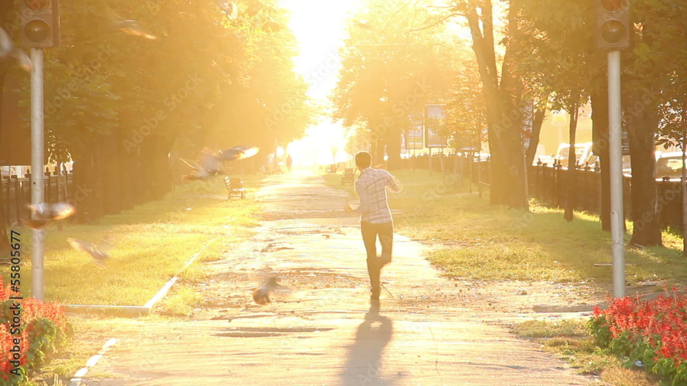 Crazy happiness running scaring birds hopping enjoying sunlight Crazy happiness running scaring birds hopping enjoying sunlight