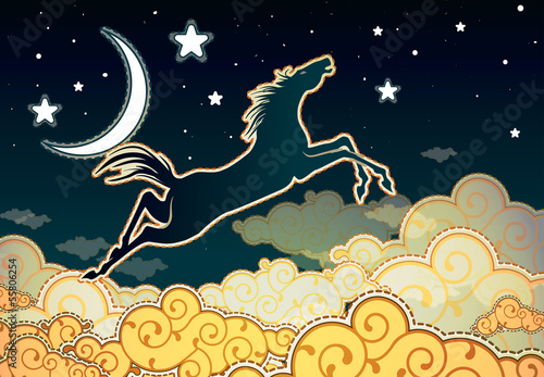 Horse jumping in the clouds