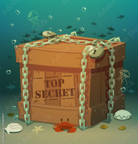Box in chains at the bottom of the sea