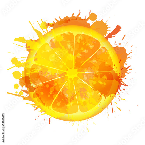 Orange slice made of colorful splashes on white background